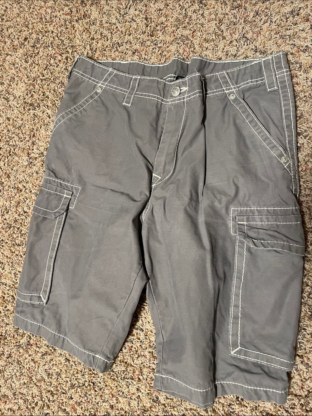True Religion Men's Gray Cargo Shorts with White Contrast Stitching